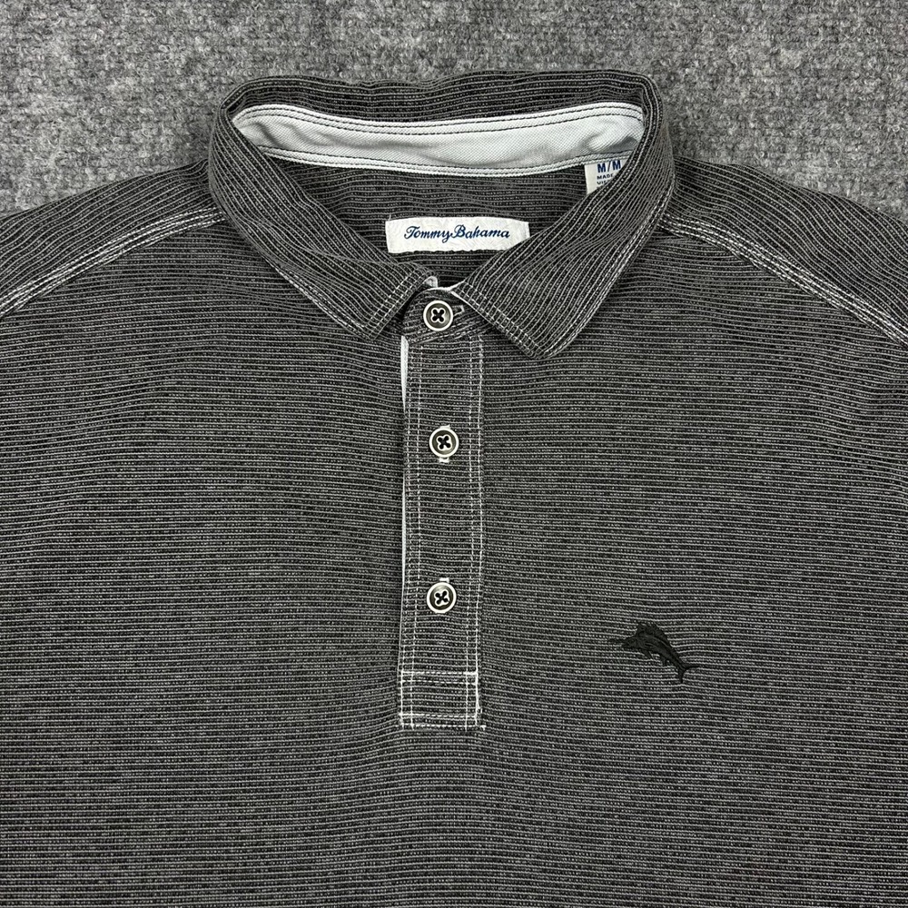 Tommy Bahama Polo Shirt Mens Medium Gray Striped Tencel Blend Short Sleeve Logo
